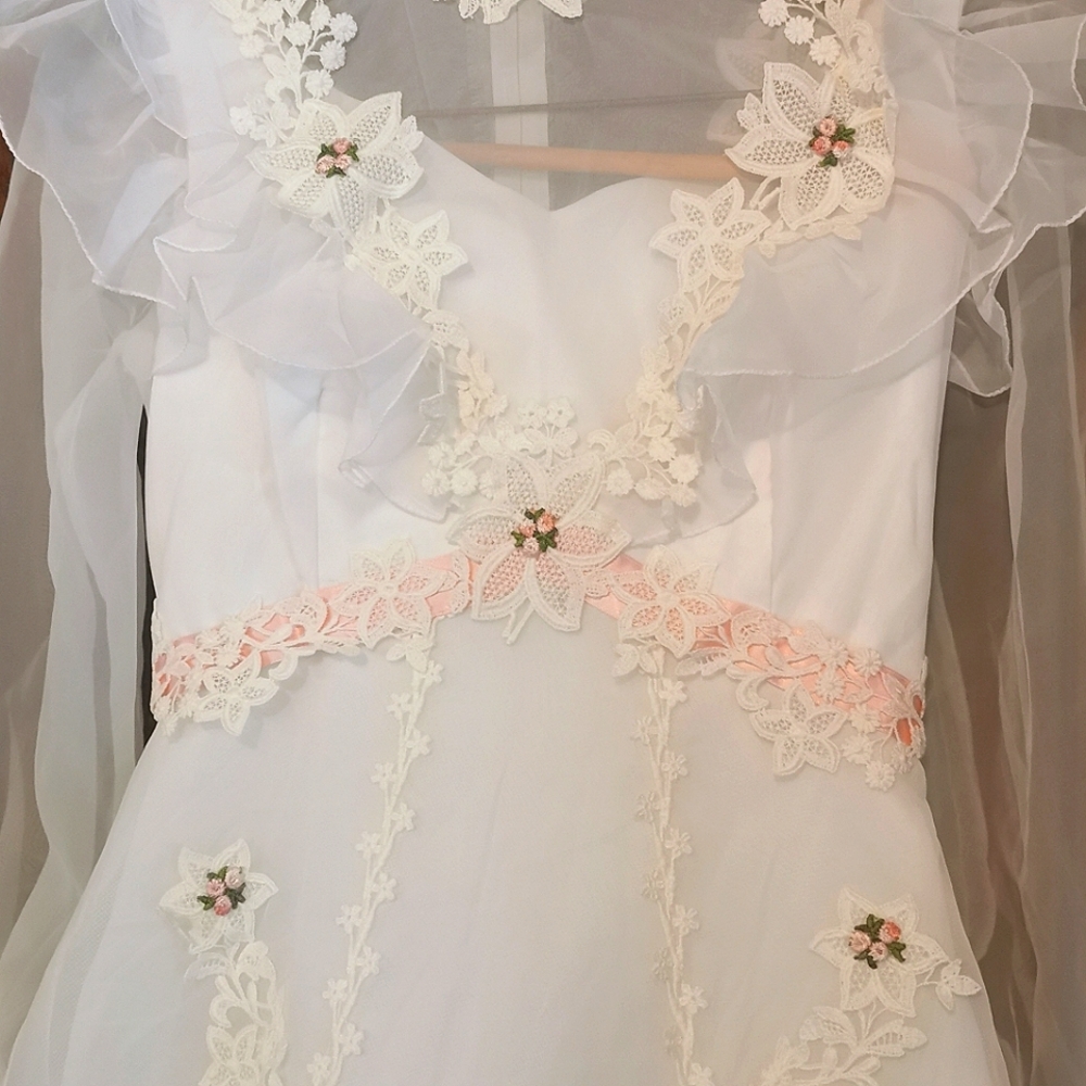 Vintage 60s Wedding Dress Long Veil Train Ruffles Floral Lace Barbie Pink 1960 - Picture 8 of 16